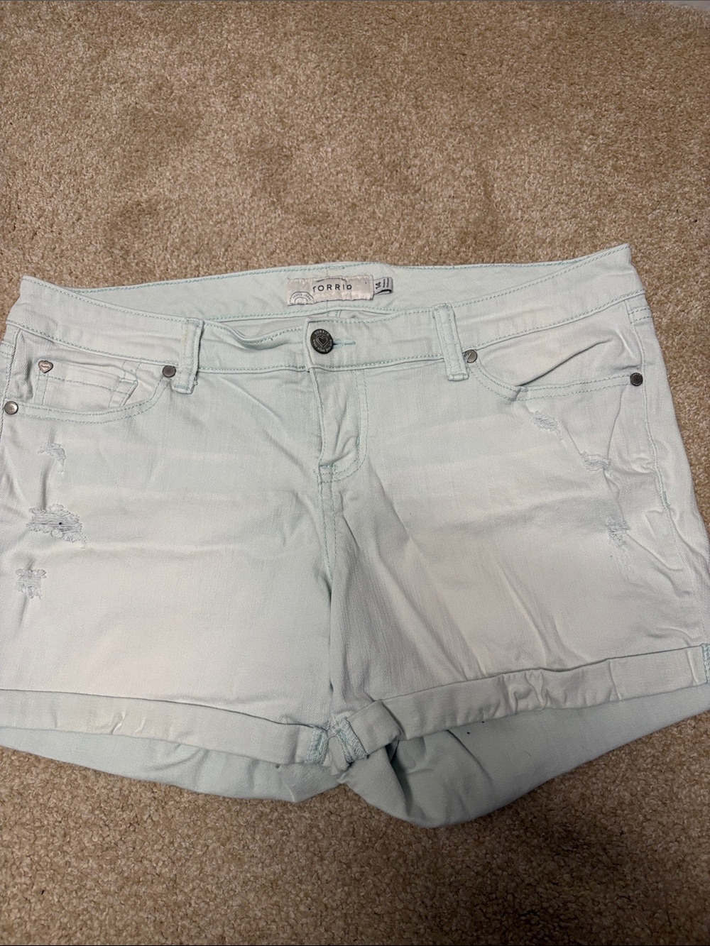 Torrid Light Mint Denim Roll-Cuff Shorts